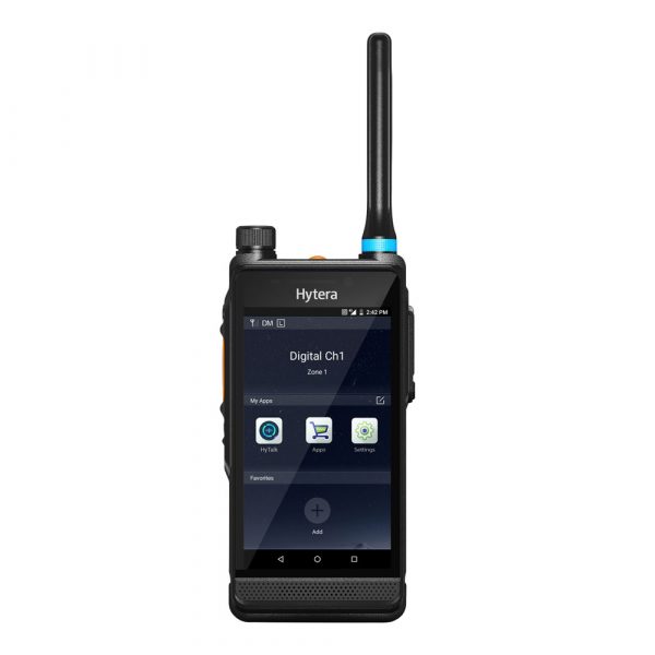 Left view of Hytera PDC550 combined smart POC and DMR handheld device with antenna, dial and display