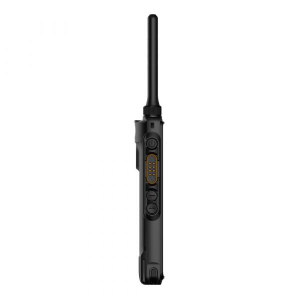 Left view of Hytera PDC550 combined smart POC and DMR handheld device with antenna and control buttons
