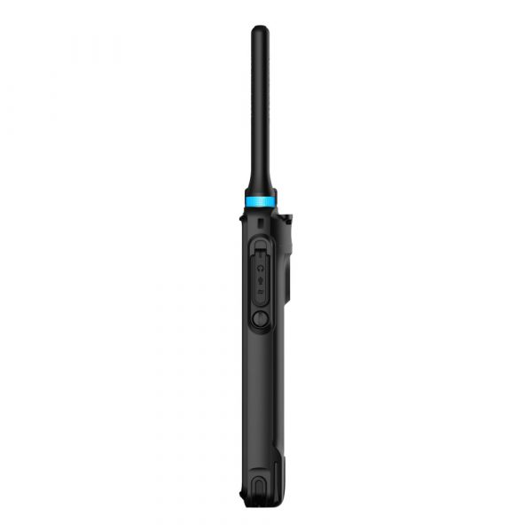 Right view of Hytera PDC550 combined smart POC and DMR handheld device with antenna and connection port