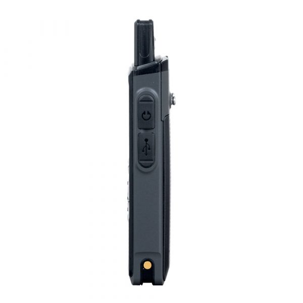 Side view of Hytera PNC370 with short antenna and earphone button and device connection port