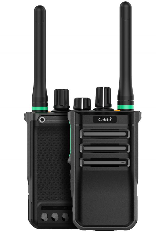 Front and back view of black Caltta PH600 with antenna and dials