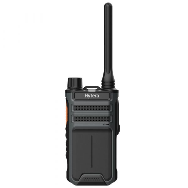 Black Hytera AP510 radio with dial and antenna front view