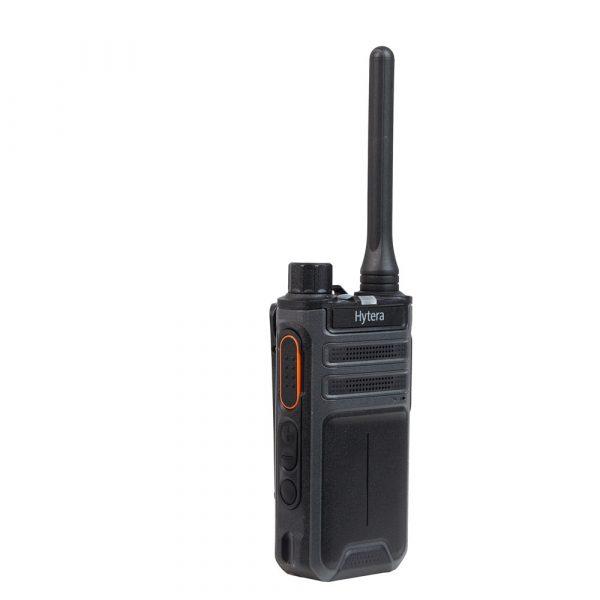 Black Hytera AP510 radio with dial and antenna left view