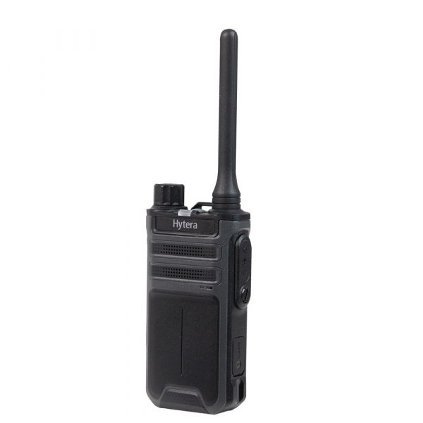 Black Hytera AP515 radio with dial and antenna right view