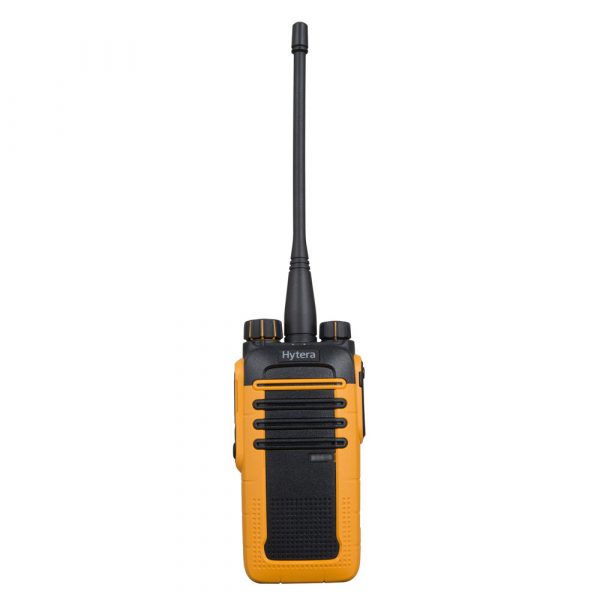 Yellow and black Hytera BD615 radio with dial and antenna front view