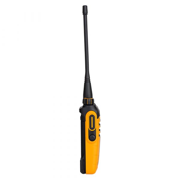 Yellow and black Hytera BD615 radio with dial and antenna left view