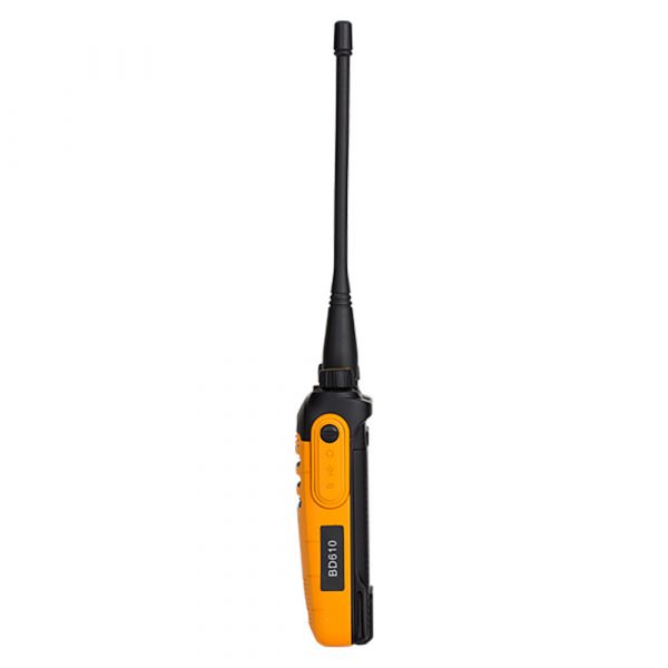 Yellow and black Hytera BD615 radio with dial and antenna right view