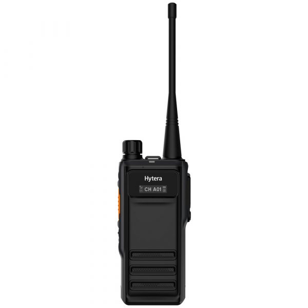 Black Hytera HP605 radio with dial and antenna front view