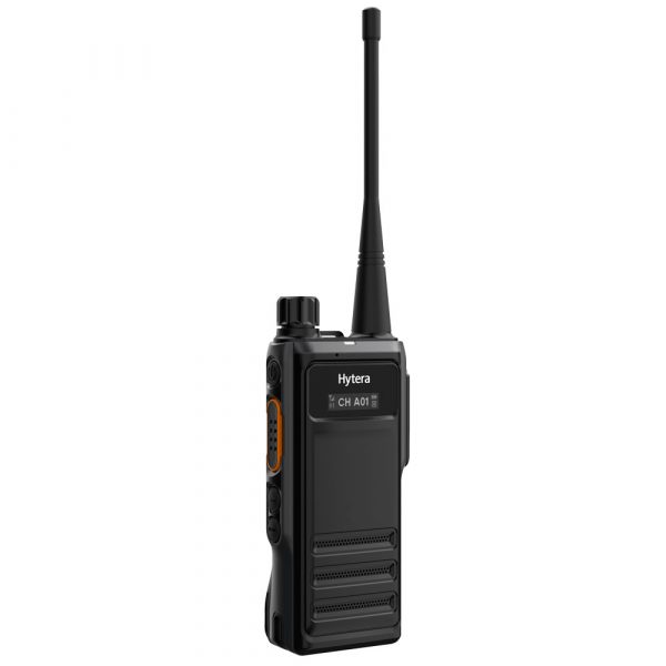 Black Hytera HP605 with dial and antenna left view