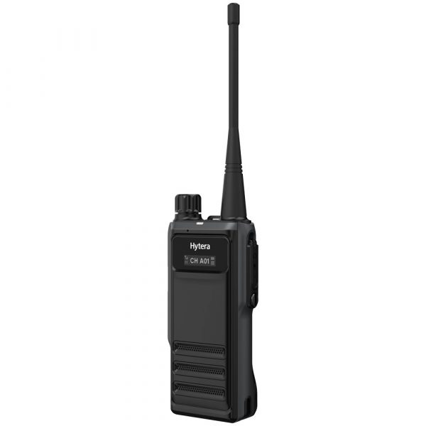 Black Hytera HP605 radio with dial and antenna right view