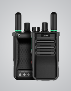 Front and back view of black Caltta e600 with antenna and dials