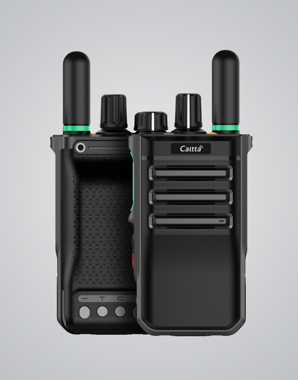 Front and back view of black Caltta e600 with antenna and dials